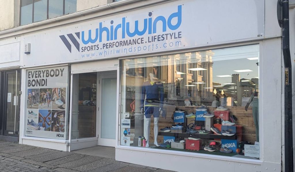 front of Whirlwind Sports shop in Penzance